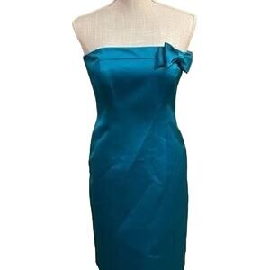David Meister Turquoise Strapless Satin Bow Mini Formal Party Dress Size 8 NWT